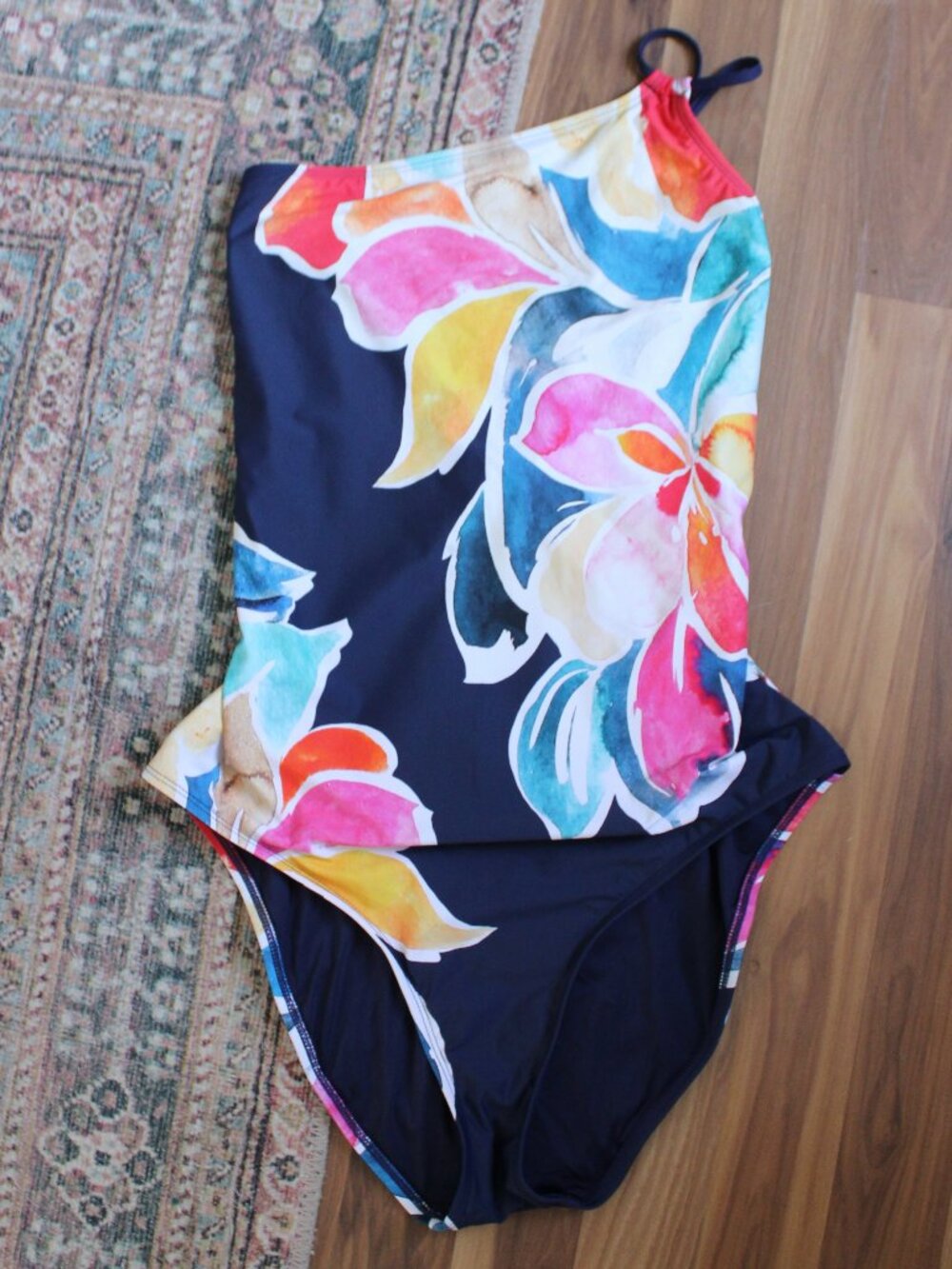 La Blanca Petals In Bloom Navy Blue Pink One Shoulder One Piece Swimsuit sz 16 - Picture 3 of 8